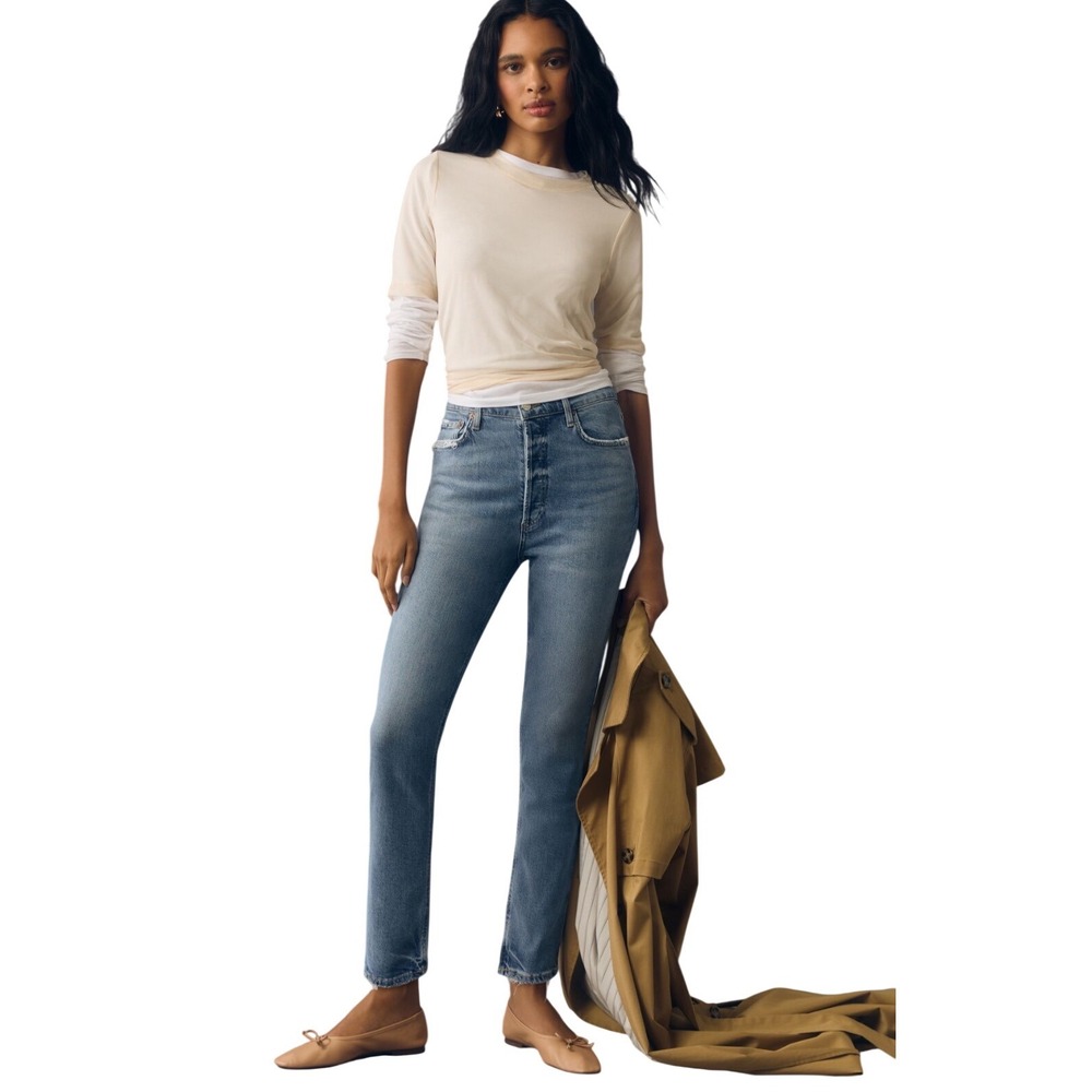 AGOLDE Nico High Rise Slim Straight Jeans Blame Light Wash Distressed 31